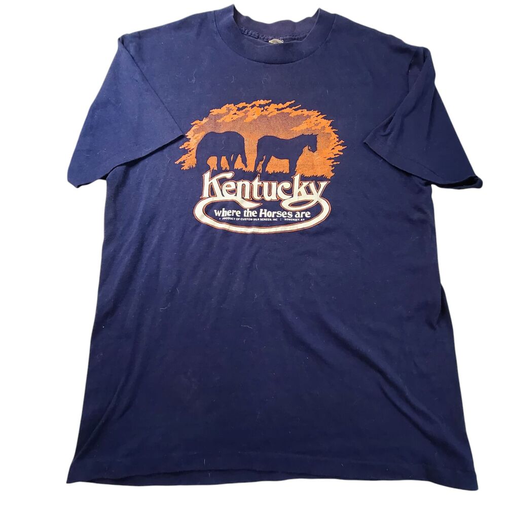 Vintage Kentucky Horses Tshirt USA 80s 90s Navy Single Stitch Lexington Large